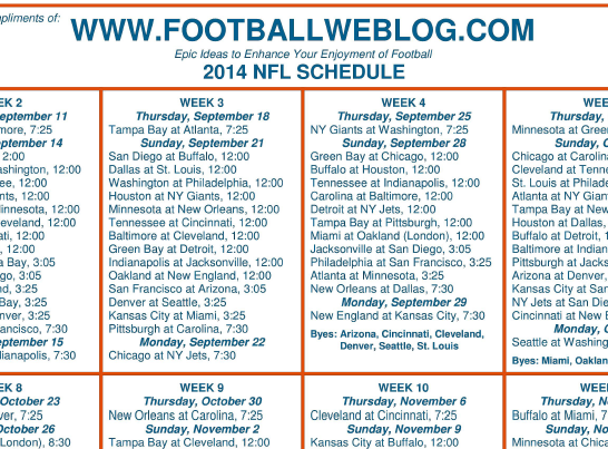 One Page 2014 NFL Schedule