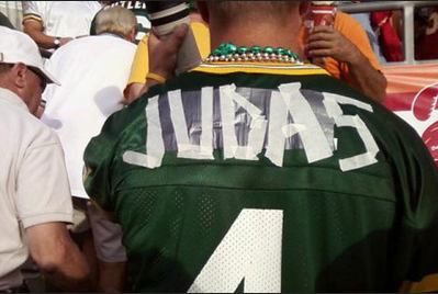 A Brett Favre Packer jersey lovingly retouched by a testy Cheese Head after Favre opted to play for the division rival Vikings.