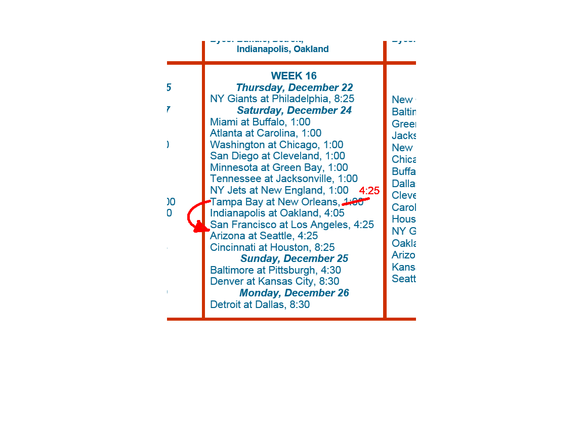 Week 16 (December 24) NFL Schedule Change