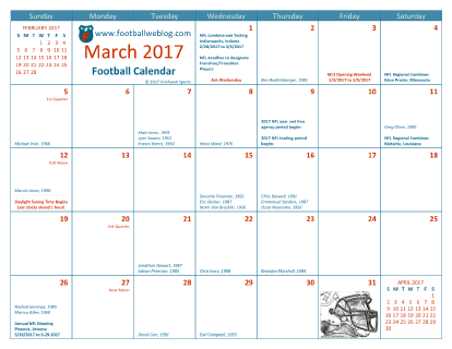 March 2017 Football Calendar