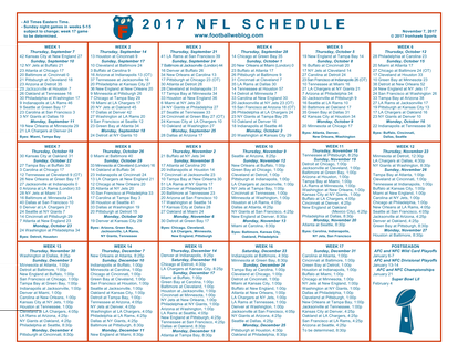 One Page NFL Schedule Updated With Week 9 Scores