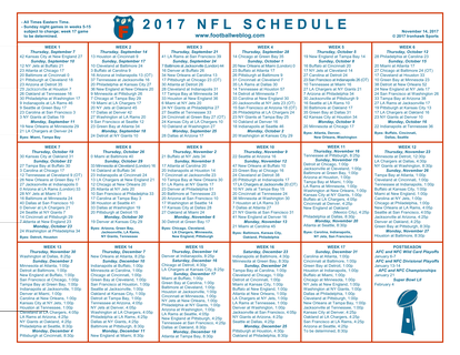 One Page NFL Schedule Updated With Week 10 Scores