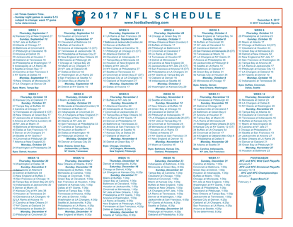 One Page NFL Schedule Updated With Week 13 Scores