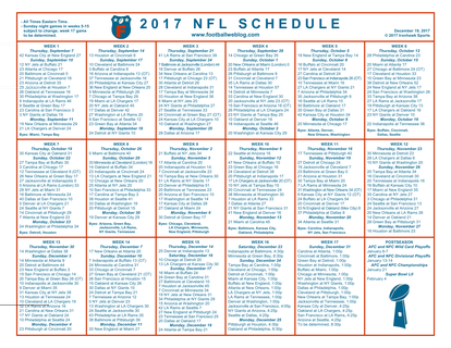 One Page NFL Schedule Updated With Week 15 Scores