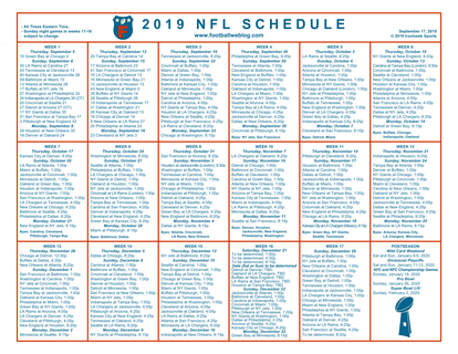 One Page 2019 NFL Schedule Updated With Week 2 Scores