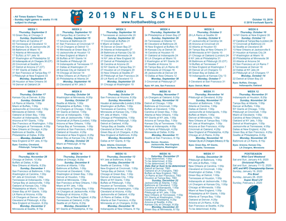 One Page 2019 NFL Schedule Updated With Week 6 Scores