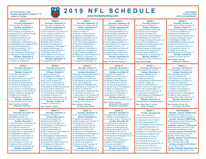 One Page 2019 NFL Schedule Updated With Wild Card Weekend Scores